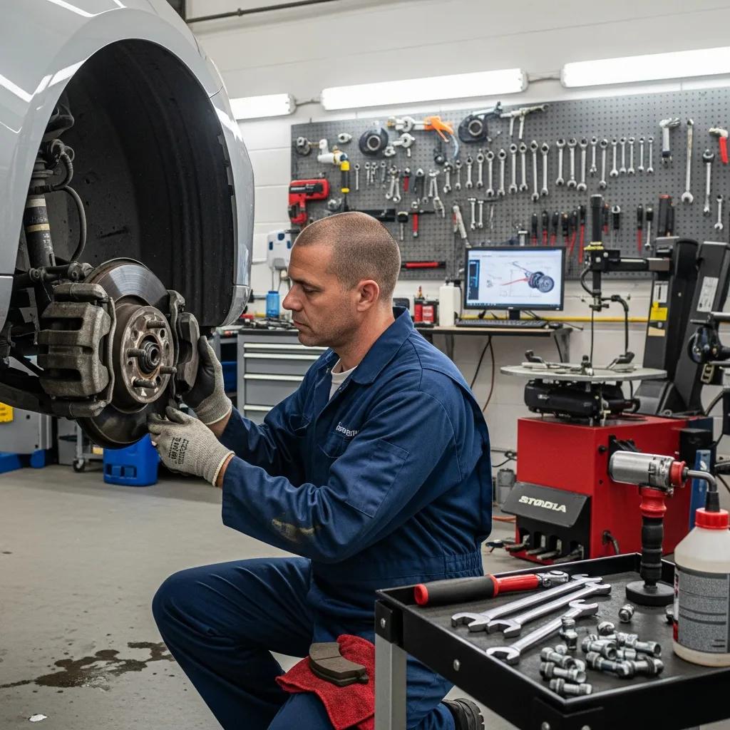 Mechanic performing brake service in an auto repair shop, highlighting vehicle safety and maintenance